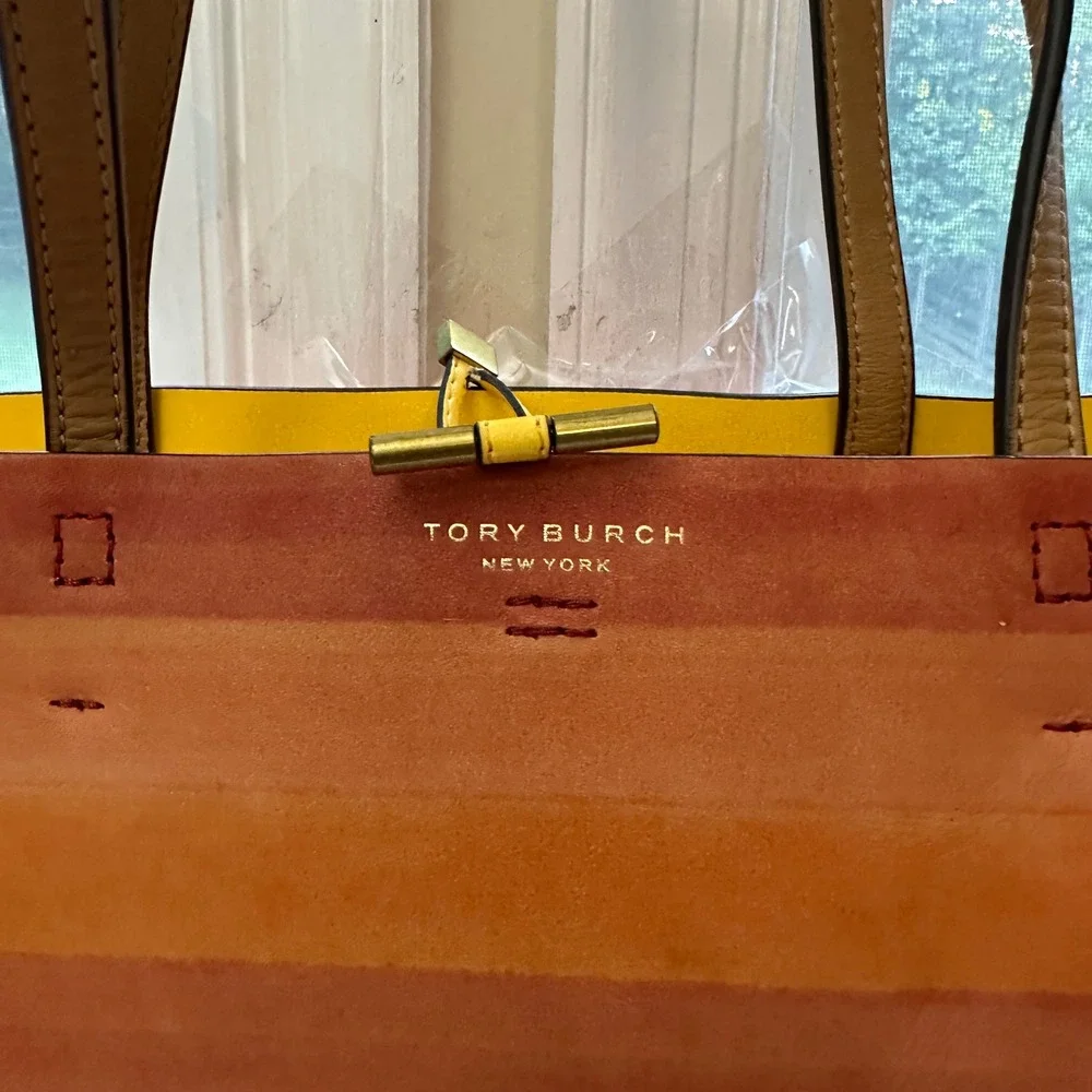 Tory Burch Striped Multicolor Leather Tote with Tan Panels